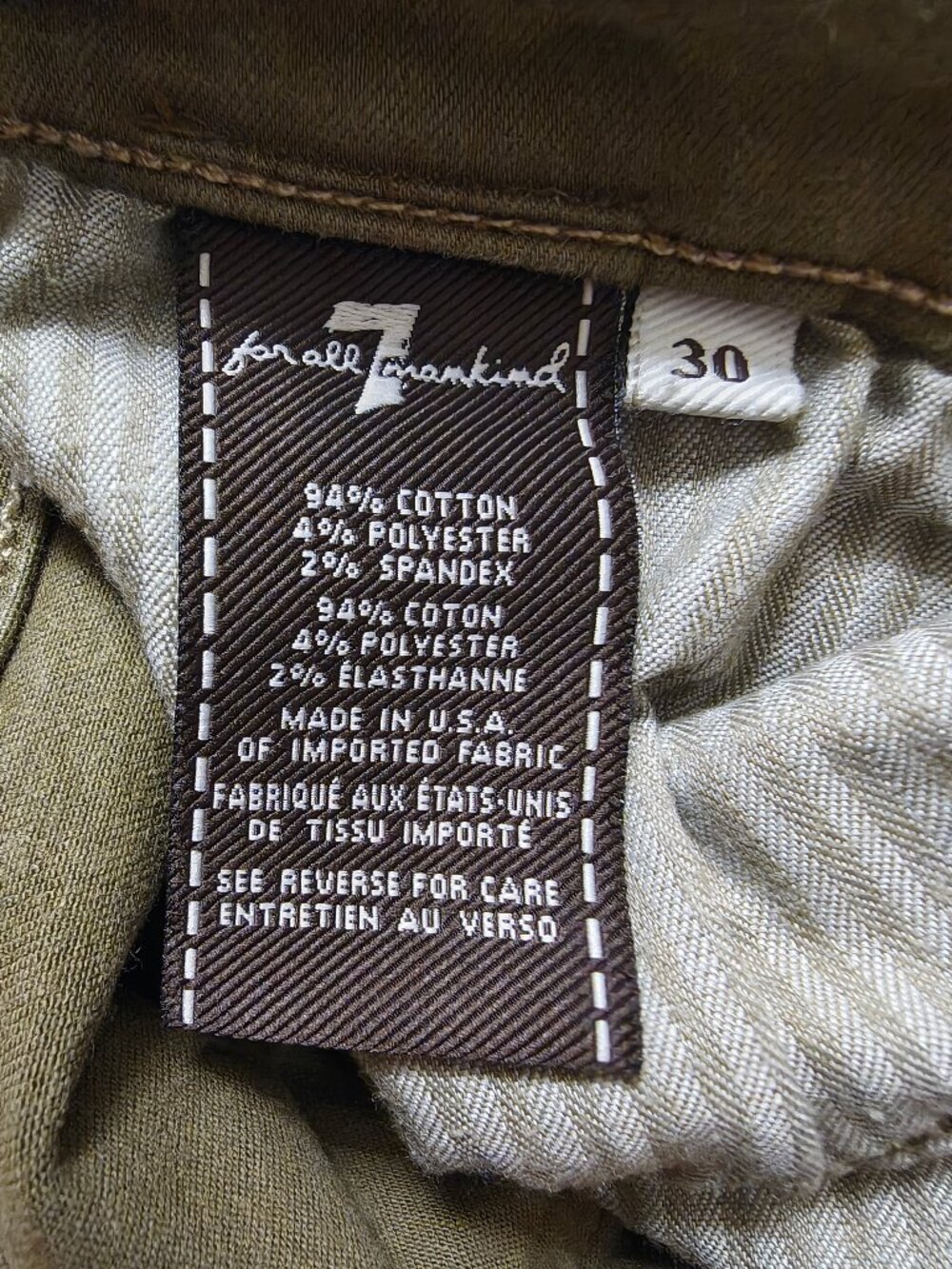 7 For All Mankind The Skinny Jeans Size 30 Olive Army Green Made in USA Stretch - Picture 3 of 6
